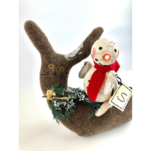 Vintage Snowman Riding A Large Bunny Rabbit Art Piece Soft Sculpture - Picture 2 of 11